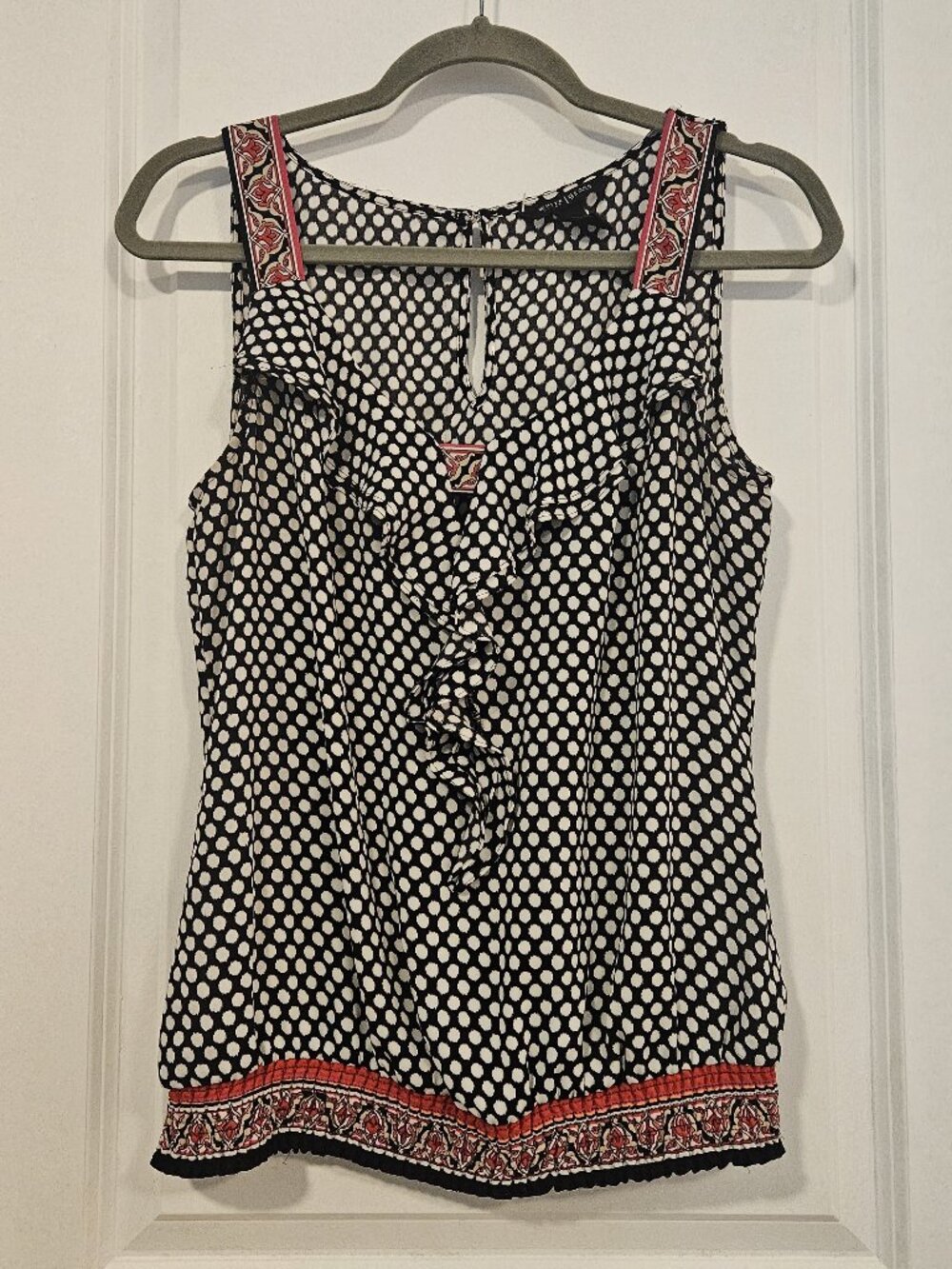 White House Black Market Polka Dot Ruffle Sleeveless Top Size M